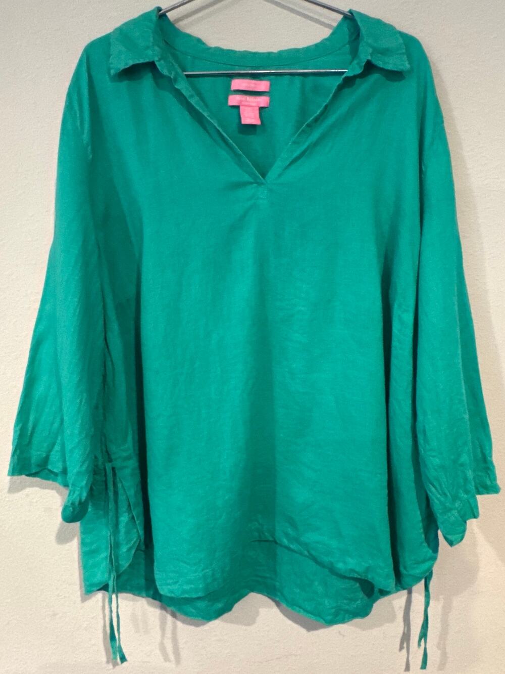 Isaac Mizrahi New York 2X 100% Linen Green V Neck Tunic Blouse Side Tie